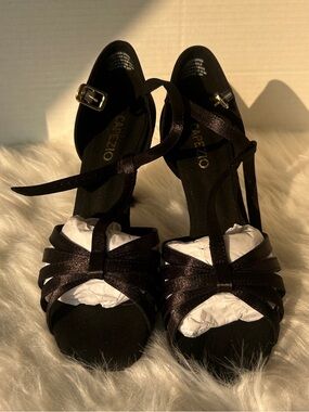 Capezio Black Satin Strappy Open-Toe Heels with Ankle Buckle